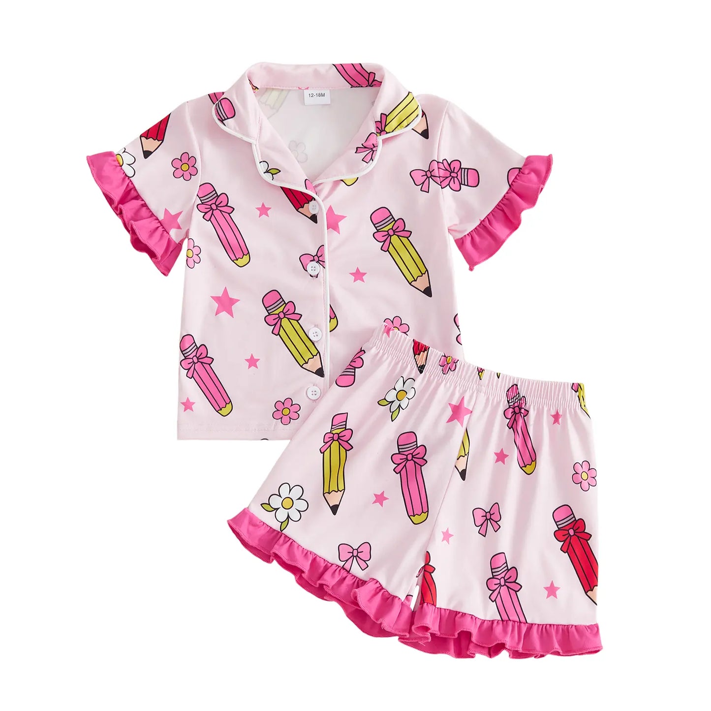 Toddler Girl Back to School Silk Pajamas Short Sleeve Apple Pencil Bow Print Shirt+Shorts First Day of School Outfit