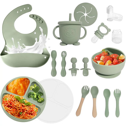 Baby Led Weaning Supplies, 8 Piece Bpa-Free Silicone Feeding Set, Silicone Suction Bowl, Forks & Spoons, Bib & Cup, Develops Self Feeding Skills, Dishwasher Safe, 6+ Months (Pink) Dinnerware