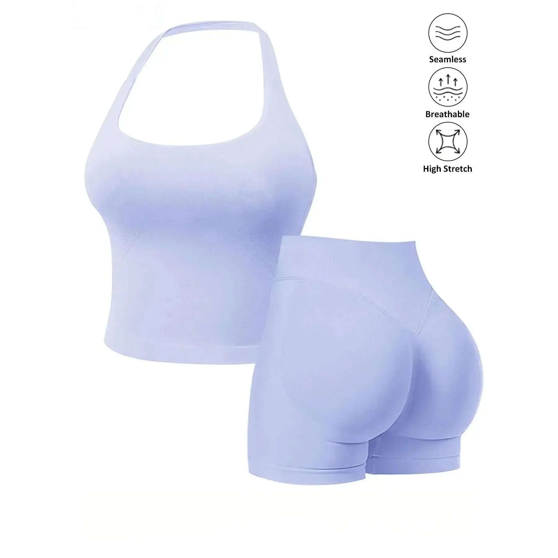 Seamless 2 Piece Workout Athleisure Sets for Women, Halter Built-In Bra Tank Top & Scrunch Booty Shorts, Breathable Quick Dry Activewear for Yoga Gym Running Summer Free Shipping
