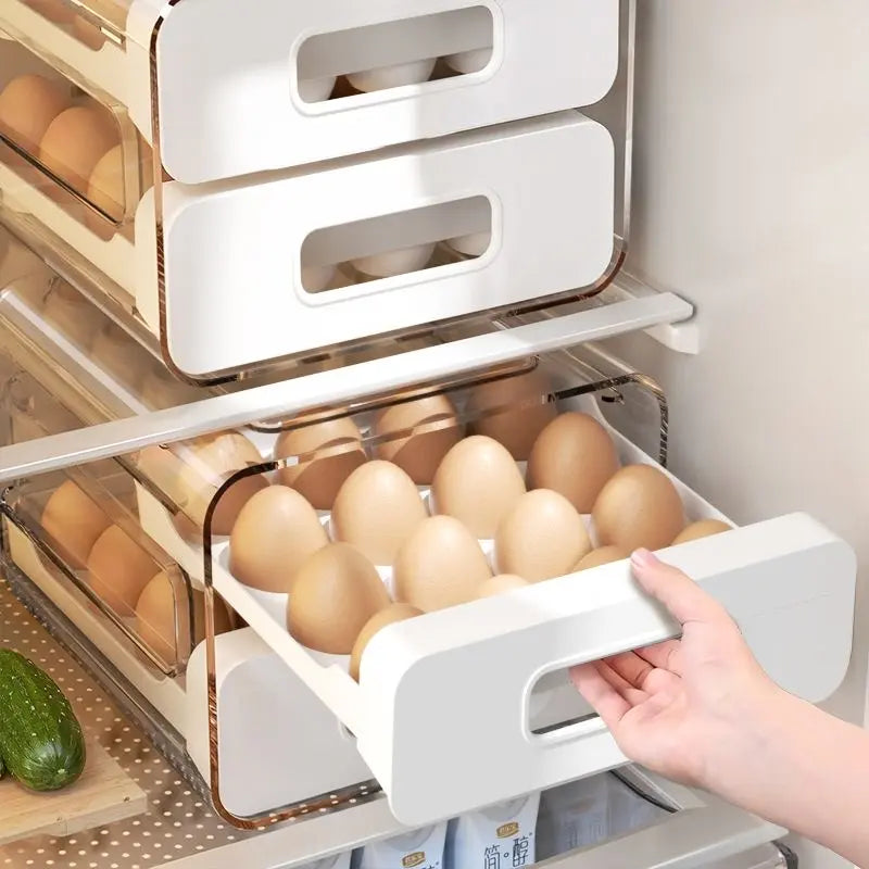 Egg Holder for Fridge, Automatic Rolling Egg Container for Refrigerator, Stackable Fridge Organizers and Storage with Lid, Clear Plastic Egg Dispenser & Tray