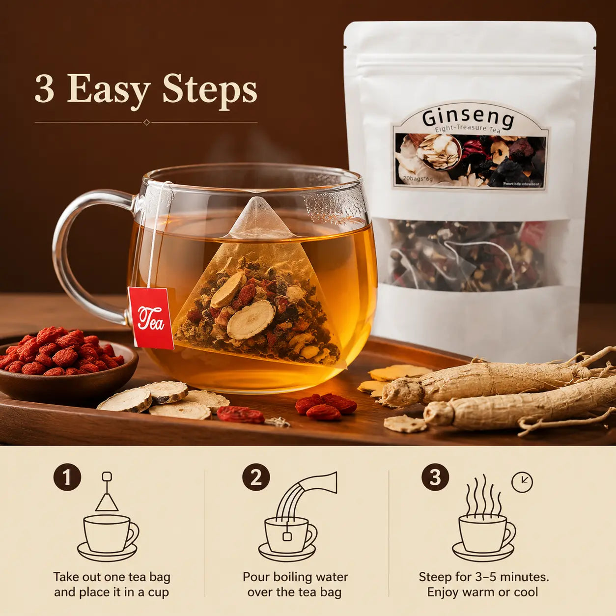 Organic Kidney Cleanse Tea - 8-Treasure Formula with Ginseng, Traditional Detox Tea for Men & Women