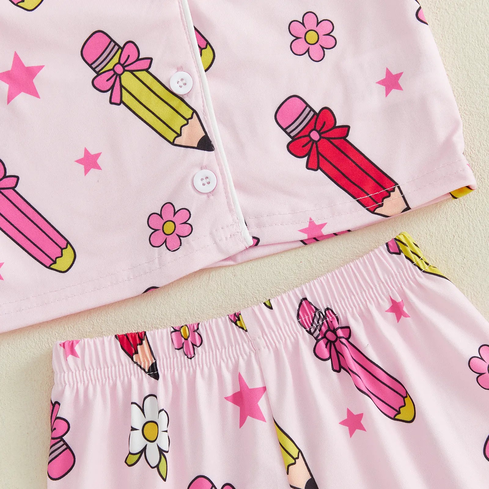 Toddler Girl Back to School Silk Pajamas Short Sleeve Apple Pencil Bow Print Shirt+Shorts First Day of School Outfit