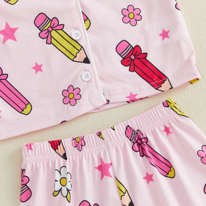 Toddler Girl Back to School Silk Pajamas Short Sleeve Apple Pencil Bow Print Shirt+Shorts First Day of School Outfit