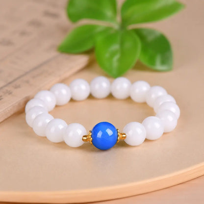 Ethnic Eastern-Inspired Natural Stone Bracelet - Polished White with Blue Accent, Unisex Inspirational Wellness Jewelry for Meditation, Calming Energy of Water Element, Costume Fashion Accessory