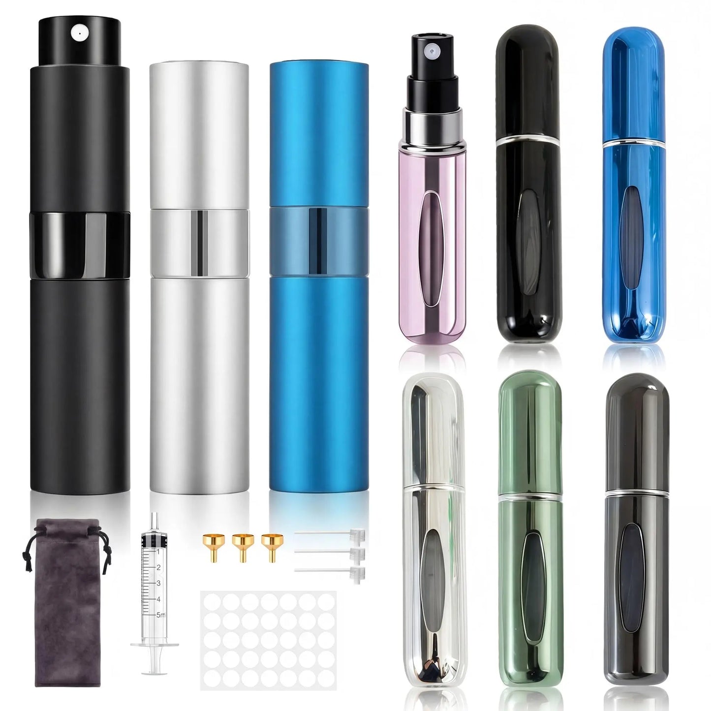 Refillable Travel Perfume Atomizer Set (9 PCS) - 3×8Ml & 6×5Ml Durable Lightweight Compact Aluminum Mini Spray Bottles with Fine Mist Nozzle for Men, Women