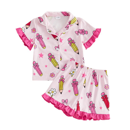 Toddler Girl Back to School Silk Pajamas Short Sleeve Apple Pencil Bow Print Shirt+Shorts First Day of School Outfit