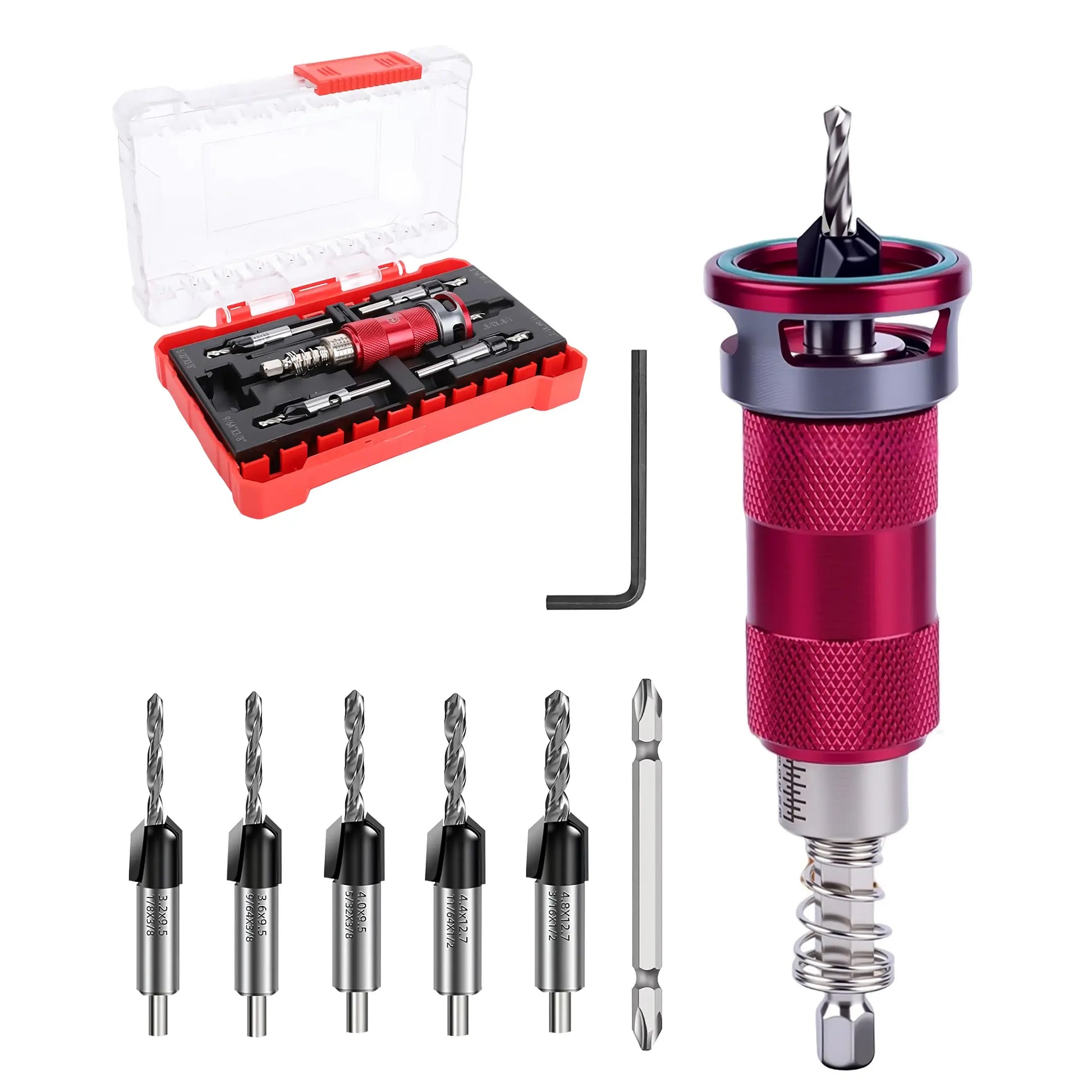 Quick Adjust Countersink Drill Bit Set with Aluminum Depth Stop Collar 5 Replaceable HSS M2 Bits 1/4 Inch Hex Shank Woodworking Tool for Hardwood and MDF