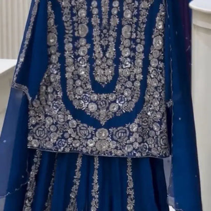 Women Blue Plazo Set Indian Wedding Party Sharara Suit Eid Collection