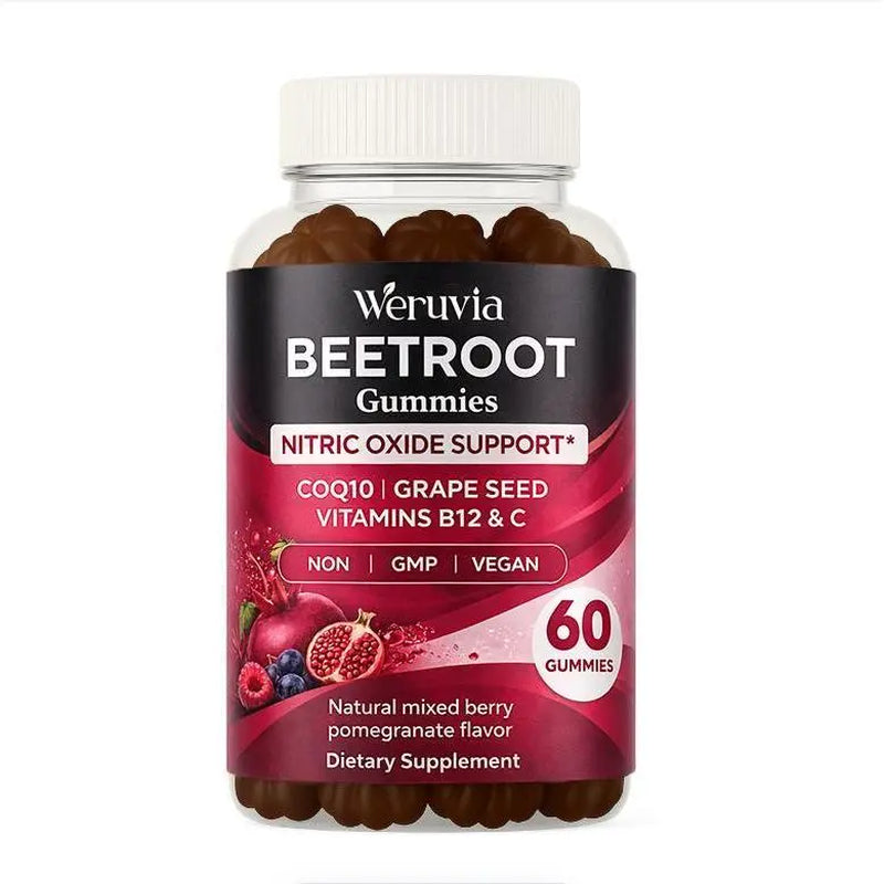 Beetroot Gummies — a Beetroot Supplement Enriched with Coq10, Grape Seed Extract, Vitamin C, B12, and B3 — Nitric Oxide Gummies to Promote Blood Circulation — a Beetroot Product for Energy Support and Immune Boosting