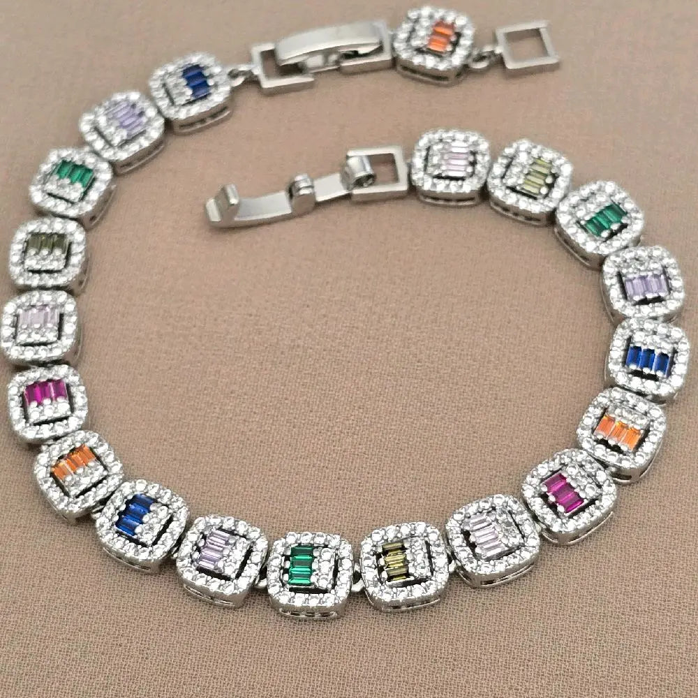 Women'S Elegant Multi-Color Zircon Silver Bracelet, Fashion Jewelry for Daily Wear & Special Occasions