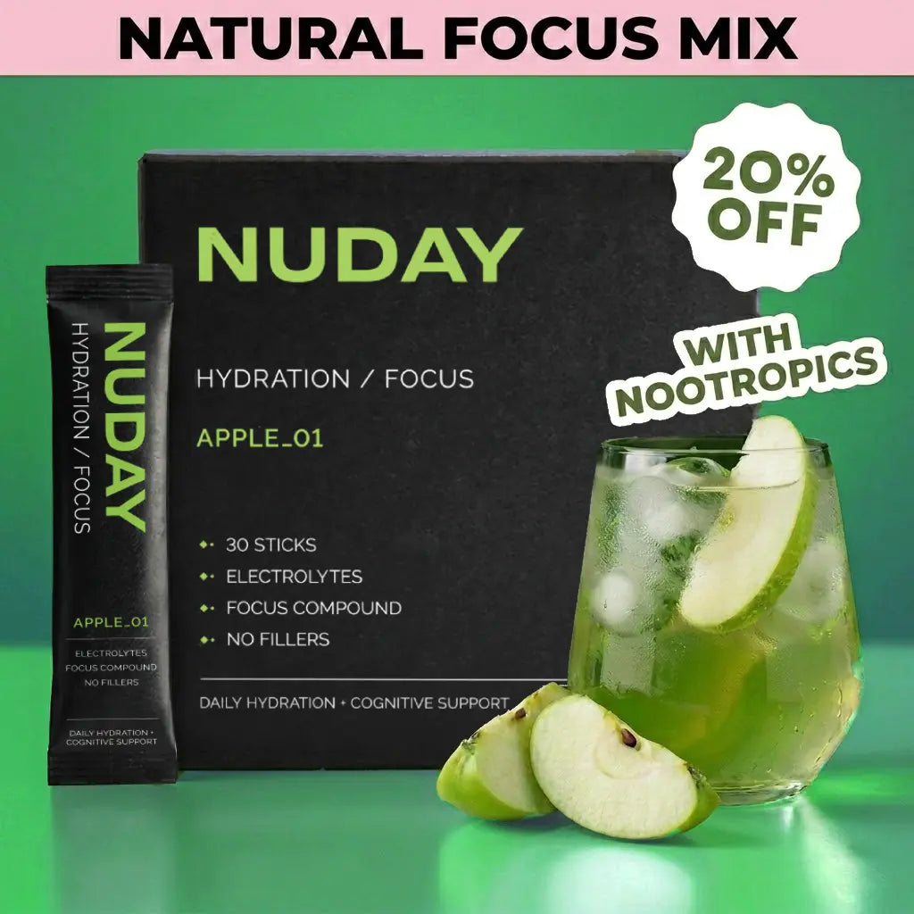 NUDAY Focus + Hydration Electrolyte Mix with Nootropics - Green Apple - 1,300Mg+ Electrolytes, L-Theanine, L-Tyrosine, Sugar-Free, Vegan & 100% Natural. the Smarter Daily Hydration.