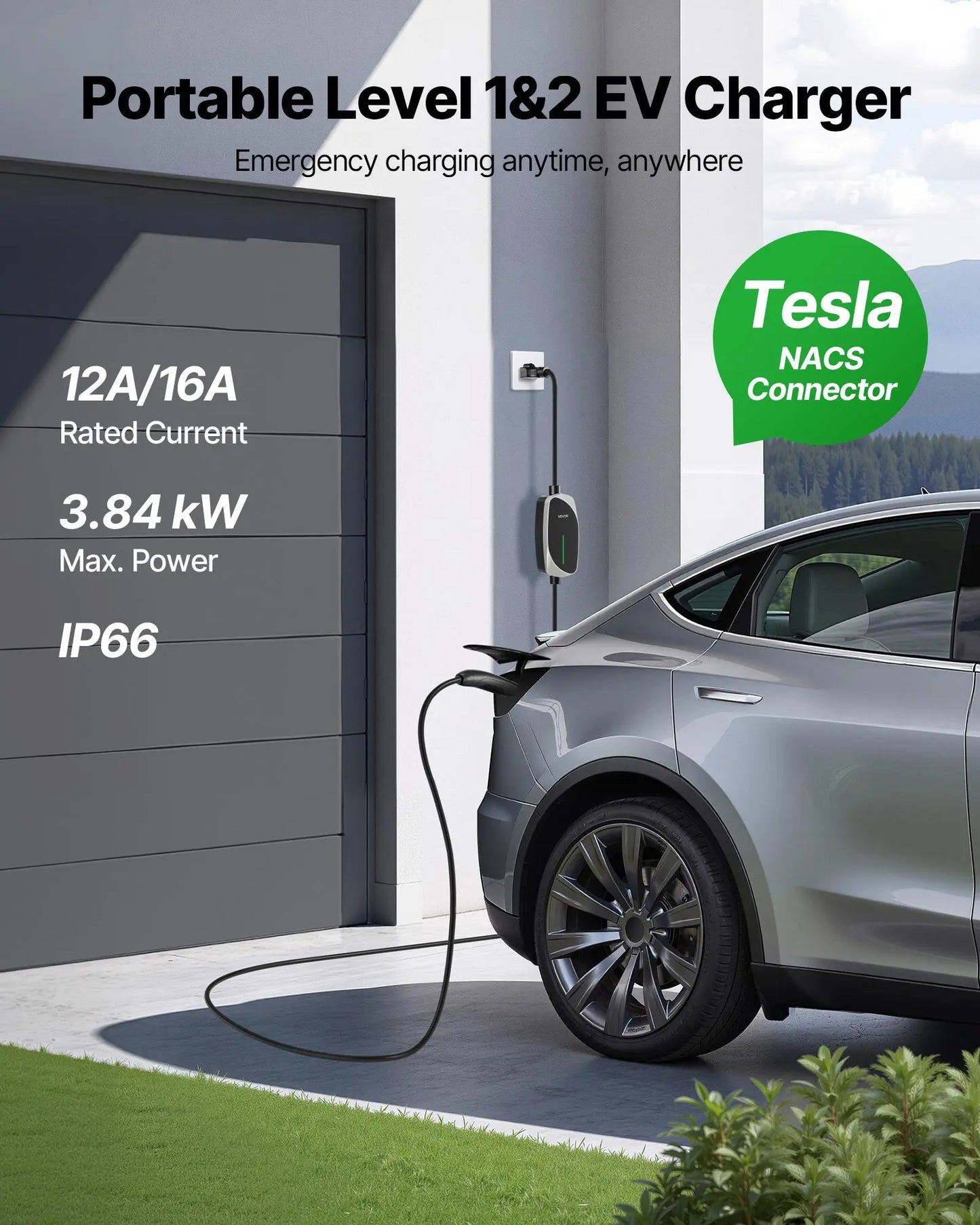 【Summerfinds】Vevor Level 1/2 Tesla Charger, 16 Amp, Portable Electric Car EV Charger with 25 Ft Charging Cable, 120V-240V, NEMA 6-20P Plug NEMA 5-15 Adapter, LED Indicator, NACS Connector for Tesla Model Y/X/3/S