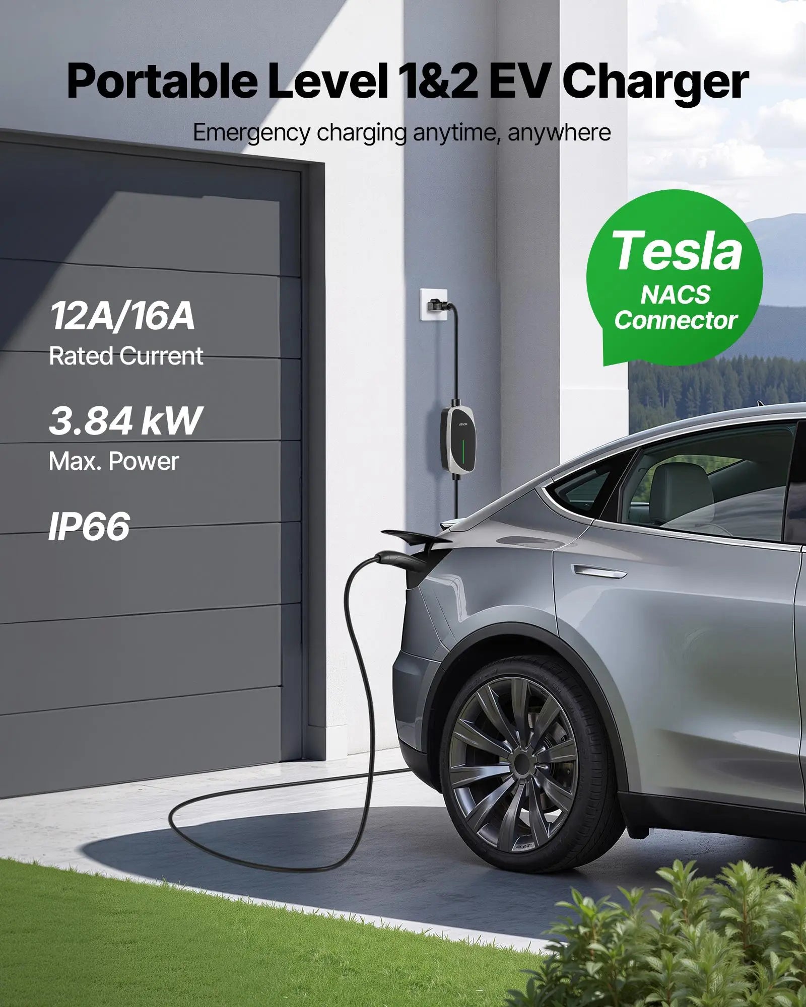 【Summerfinds】Vevor Level 1/2 Tesla Charger, 16 Amp, Portable Electric Car EV Charger with 25 Ft Charging Cable, 120V-240V, NEMA 6-20P Plug NEMA 5-15 Adapter, LED Indicator, NACS Connector for Tesla Model Y/X/3/S