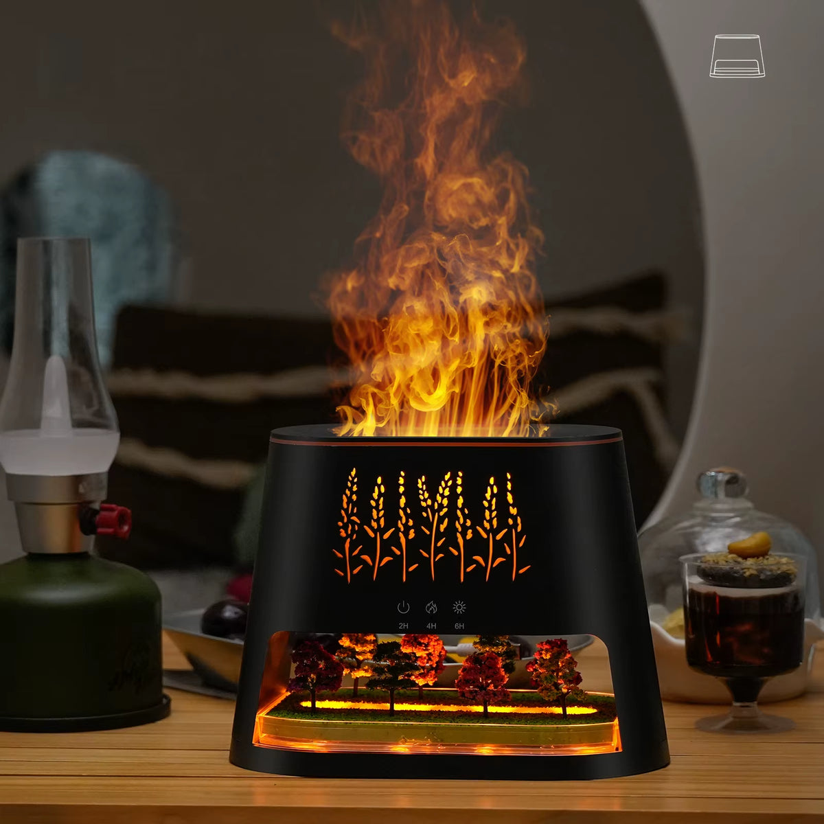2026 New 260Ml Simulated Flame Landscape Ultrasonic Humidifier USB Aroma Diffuser Color Changing Lights Dry Skin Hotel Electric