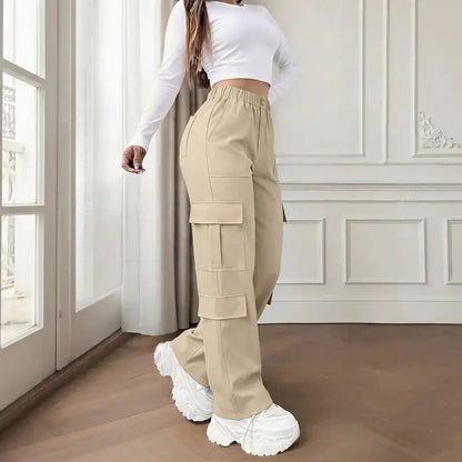 Women’S Cargo Straight-Leg Pants, Mid-Rise Elastic Waistband, Large Side Pockets, Drapey Fabric, Versatile Wide-Leg Floor-Length Casual Pants, Street-Style Trendy Long Pants Summerwins