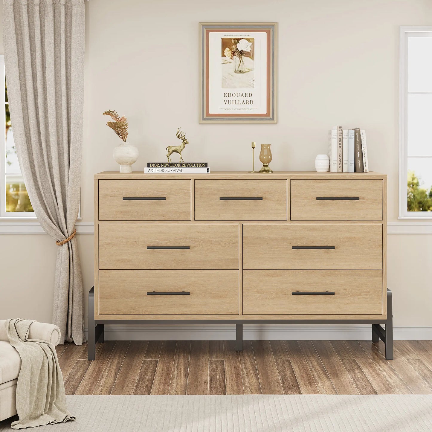 Modern 7-Drawer Wide Dresser for Bedroom - Freestanding Wooden Storage Chest - Large Drawers for Entryway, Living Room, or Closet - Natural Oak Finish