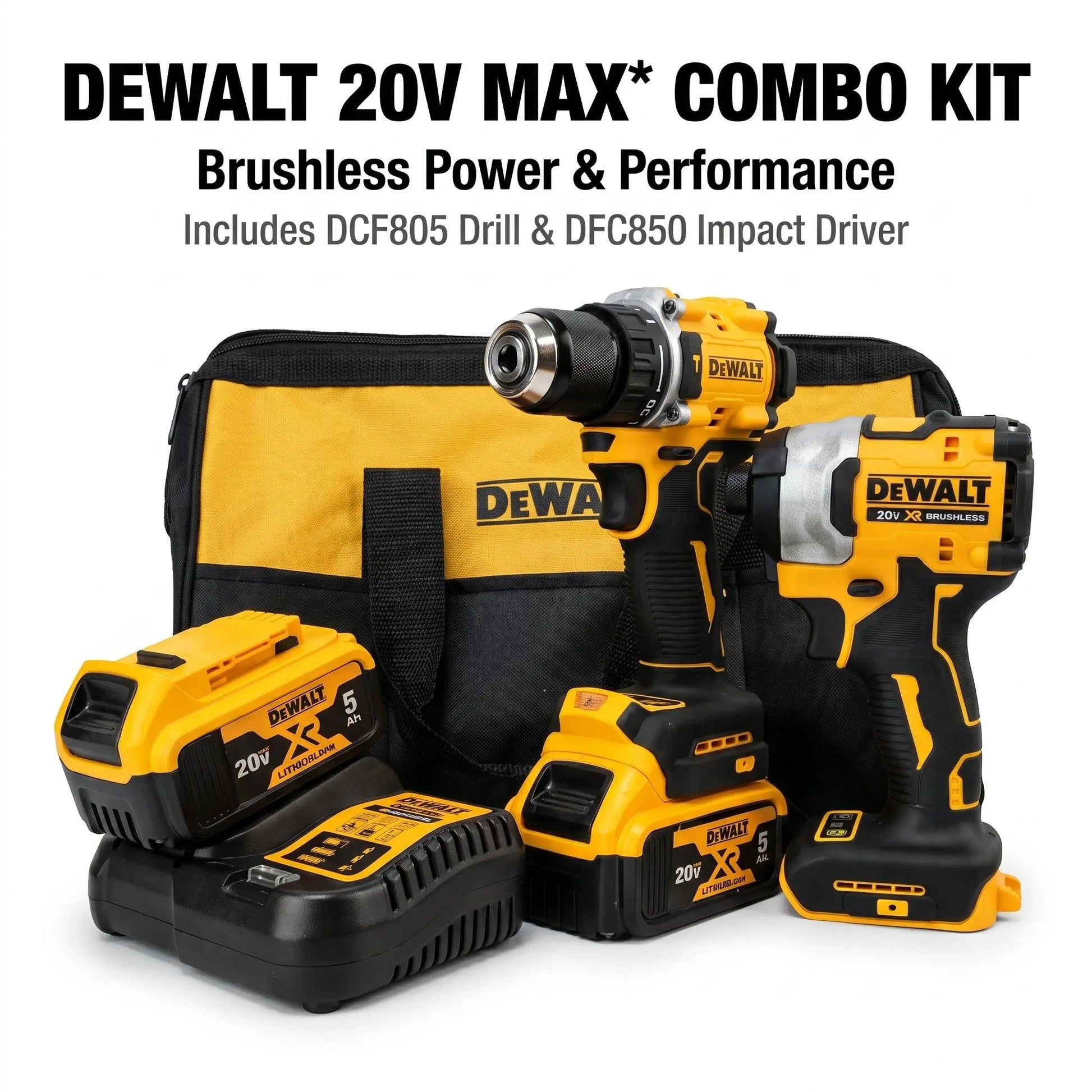 DEWALT DCF805 Hammer Drill and DCF850 Impact Driver Combo Kit 20V Brushless Power Tools Battery Charger