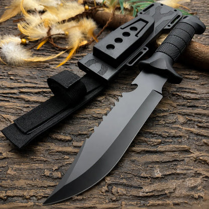 Multi Profile Kitchen Meat Cutting Knife - Black Coated Stainless Steel Fixed Blade with Segmented Textured Anti-Slip Handle for Household Food Prep, Kitchen Knives