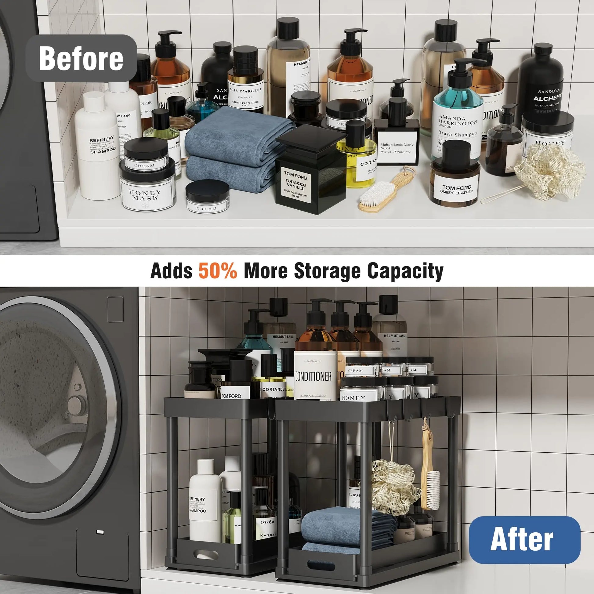 2Pcs under Sink Organizer - Multi-Purpose, 2 Tier Sliding Cabinet Basket, Metal Pipe, 8 Hooks for Kitchen and Bathoom under Sink Organizers and Storage