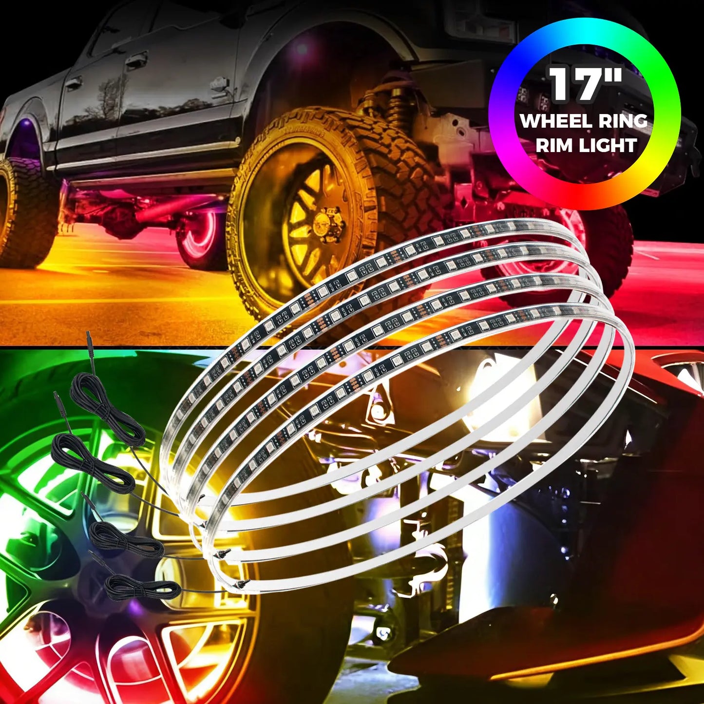 Ultimate 4PCS RGB LED Wheel Ring Light Kit with APP & Remote Control for Car Truck - IP67 Waterproof Decorative Light Accessories, Chasing Flow RGB Rim Light, RGB Coaxial Speaker Lights with Bluetooth
