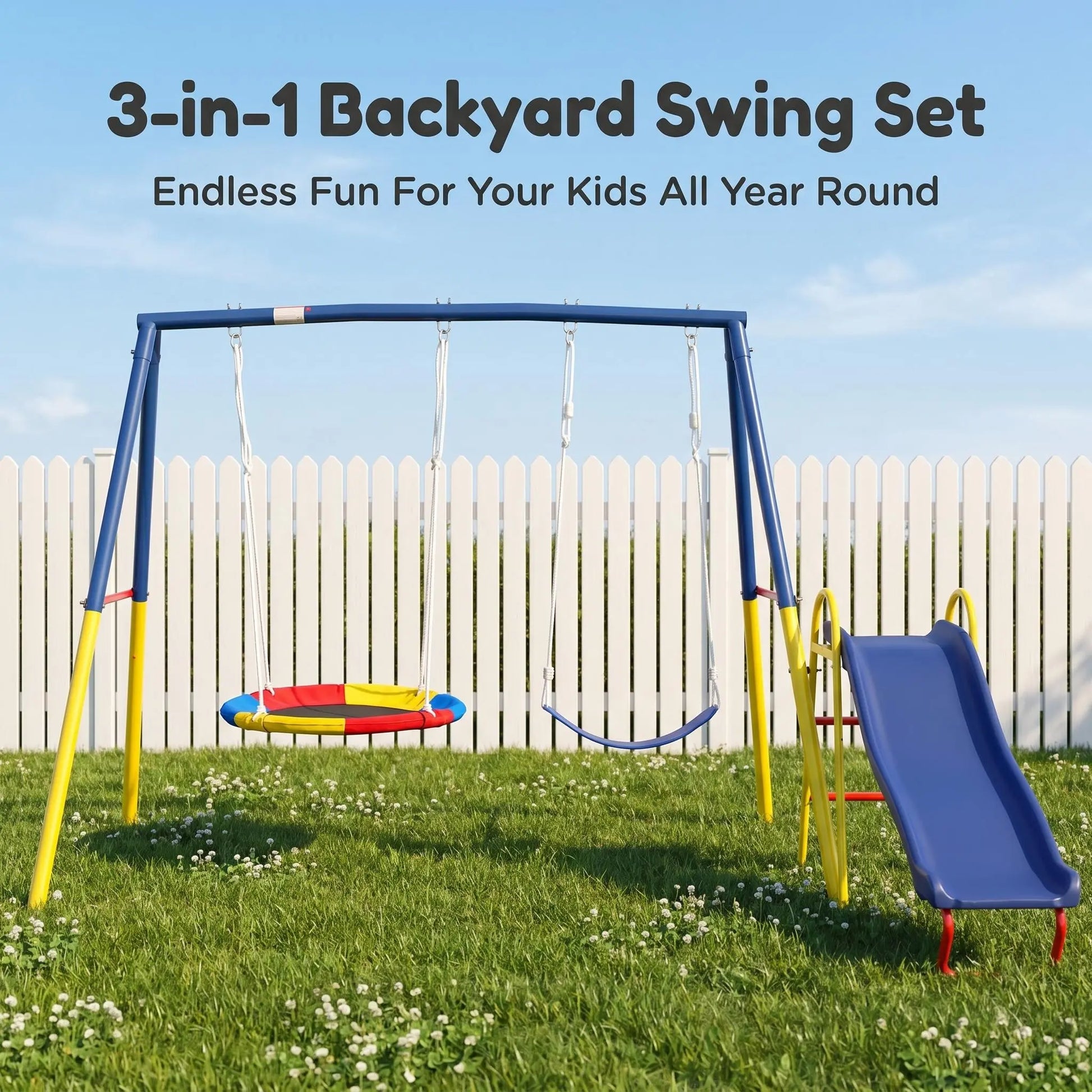 Unisex 3-In-1 Heavy-Duty Metal Playground Equipment Combo - Backyard A-Frame Stand, Toddler Outdoor Slide, 32" Saucer Swing Seat, PE Kids Sports Play Gear, Toddler Slide Outdoor