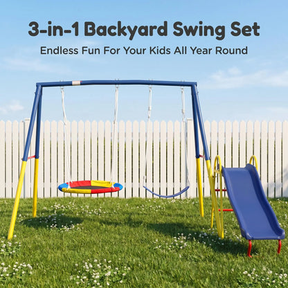 Unisex 3-In-1 Heavy-Duty Metal Playground Equipment Combo - Backyard A-Frame Stand, Toddler Outdoor Slide, 32" Saucer Swing Seat, PE Kids Sports Play Gear, Toddler Slide Outdoor