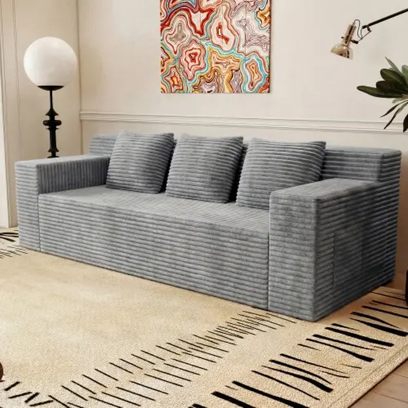 71-Inch 3-Seat Boneless Sofa, Corduroy Foam Couch with 3 Throw Pillows, Straight Arms, Side Pockets, No Assembly Required