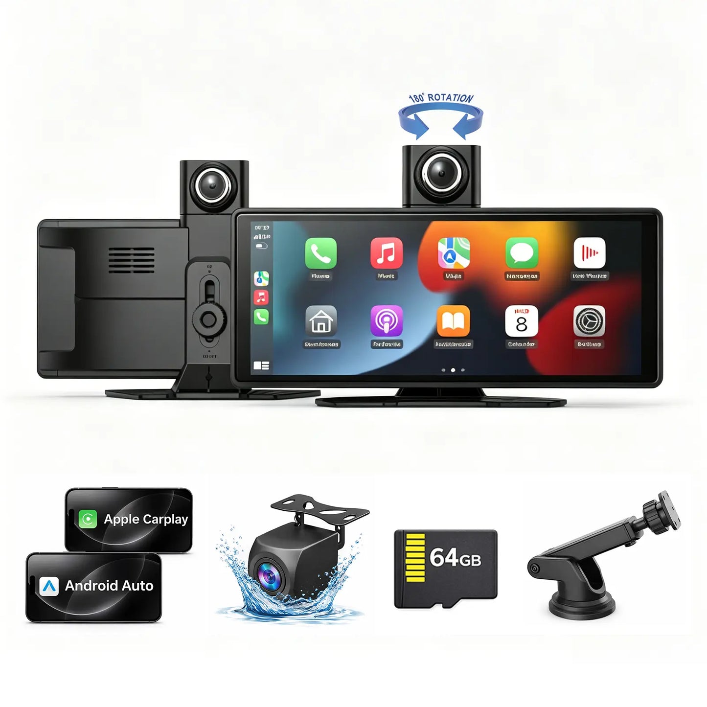 10.26 Inch Full HD Car Touch Screen, Wireless Carplay & Android Auto, Smart Voice Control, Built-In Dash Cam, Auto Pop-Up Rear View Camera, Universal for All Vehicles