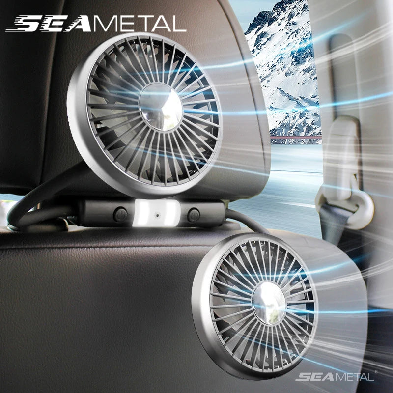 Car USB Fan Dual Head Cooling Air Fan Independent Switch 3-Speed 360 Degree Adjustable Auto Headrest Fan for Rear Seat