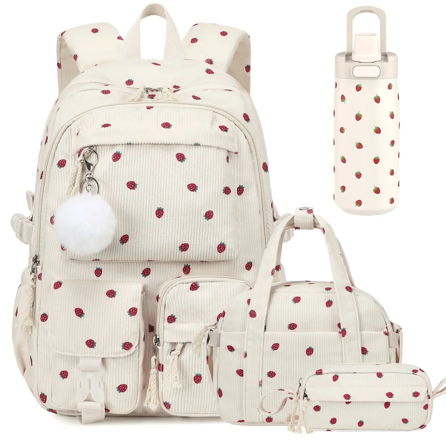 Similove Corduroy Floral Backpack for Girls, 3-Pocket Kawaii 3/4PCS Toddler Bookbag with Lunch Bag&Pencil Case&Water Bottle, Lightweight Casual Daypack for Preschool Travel