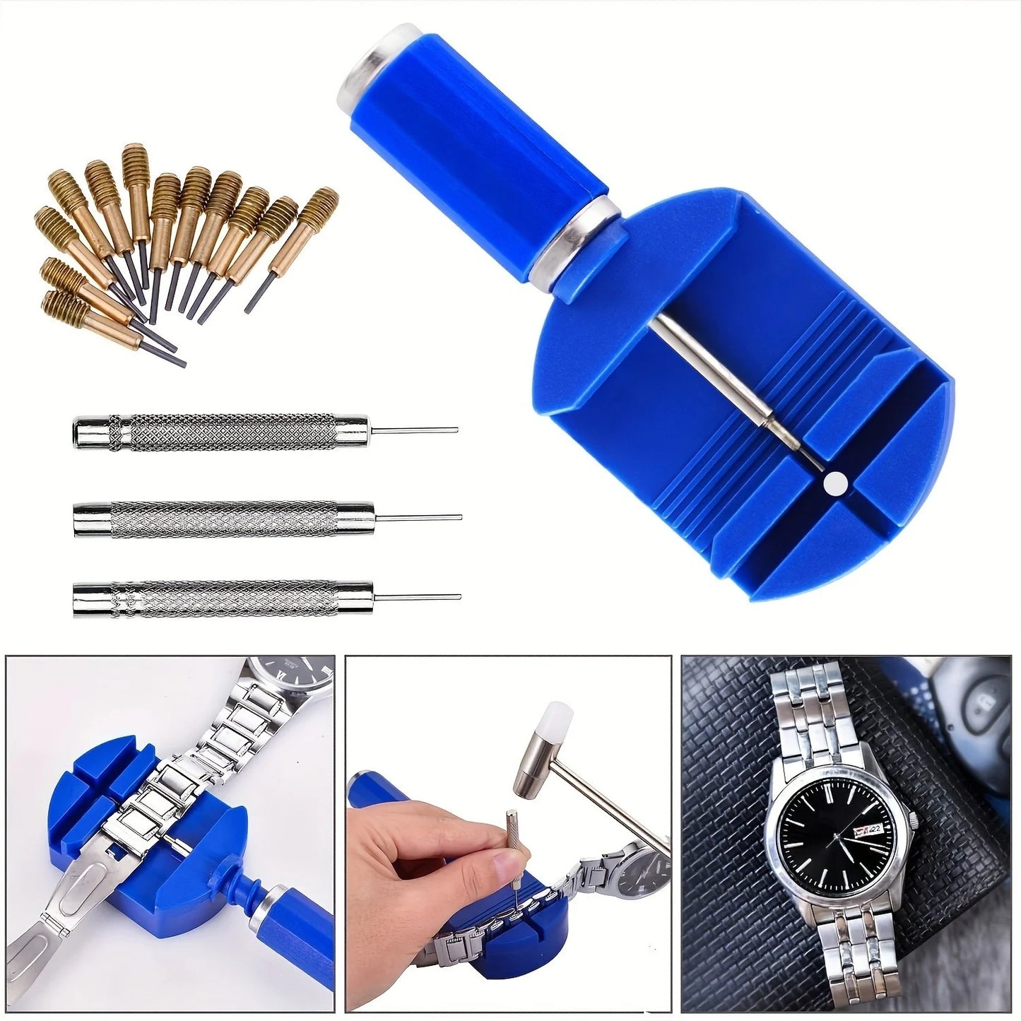 Watch Link Removal Kit, Watch Band Adjustment Strap Pin Removal Tool Kit, Watch Chain Sizing Tool , Spring Bar Tool, Hammer