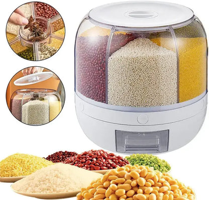 6-Grid 360° Rotating Grain Storage Container Dispenser with 1-Click Output, Kitchen Utensils for Rice, Small Grains and Beans