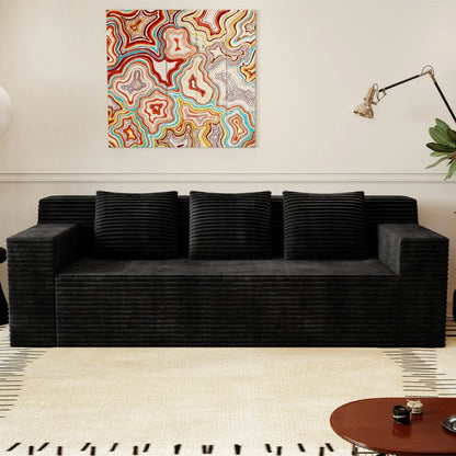 71-Inch 3-Seat Boneless Sofa, Corduroy Foam Couch with 3 Throw Pillows, Straight Arms, Side Pockets, No Assembly Required