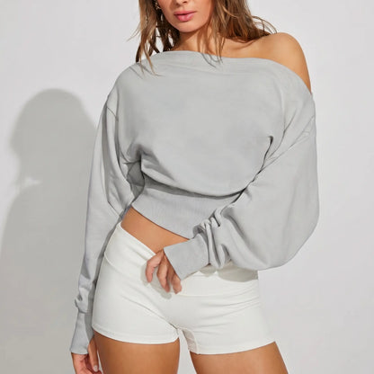 Fisoew Women'S Autumn/Winter Solid Color Casual Y2K Basic Off-Shoulder Sweatshirt — Elastic Street Style Top for Daily Wear & Back-To-School Streetwear