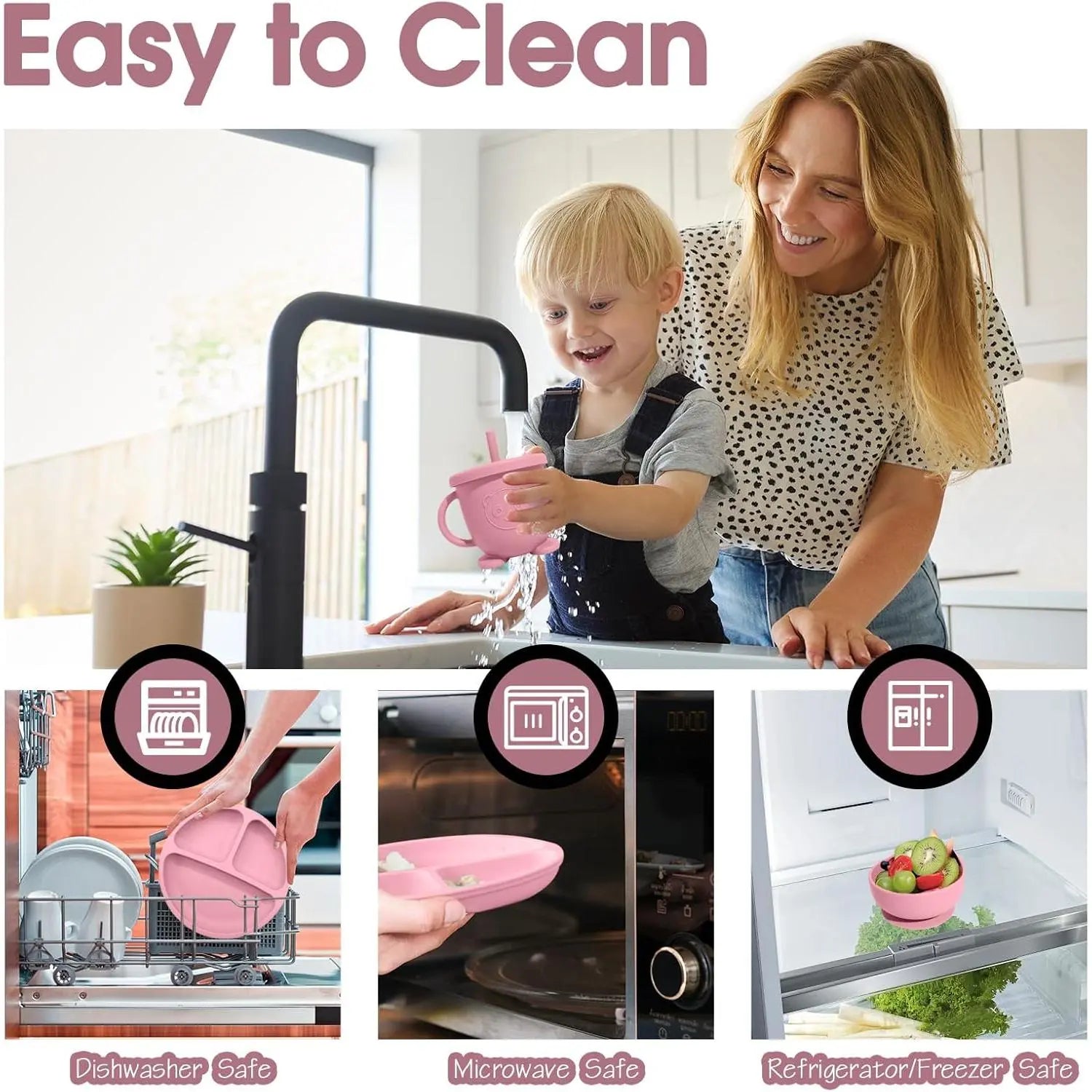 Baby Led Weaning Supplies, 8 Piece Bpa-Free Silicone Feeding Set, Silicone Suction Bowl, Forks & Spoons, Bib & Cup, Develops Self Feeding Skills, Dishwasher Safe, 6+ Months (Pink) Dinnerware