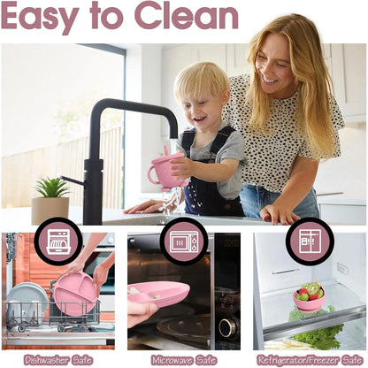 Baby Led Weaning Supplies, 8 Piece Bpa-Free Silicone Feeding Set, Silicone Suction Bowl, Forks & Spoons, Bib & Cup, Develops Self Feeding Skills, Dishwasher Safe, 6+ Months (Pink) Dinnerware