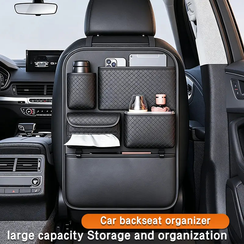 Car Backseat Organizer, Premium PVC Leather Large Capacity Storage Bag with Multi Pockets, Seat Back Protector with Cup Holder & Tissue Box Holder, Universal Car Organizer for SUV Truck Van, Must Have Car Interior Accessory