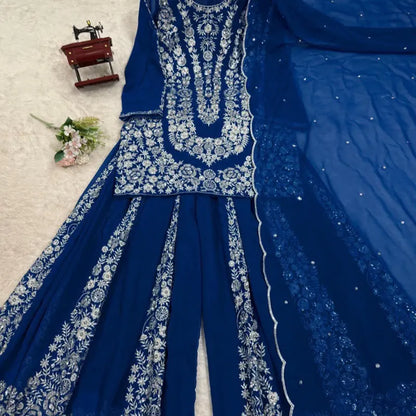 Women Blue Plazo Set Indian Wedding Party Sharara Suit Eid Collection