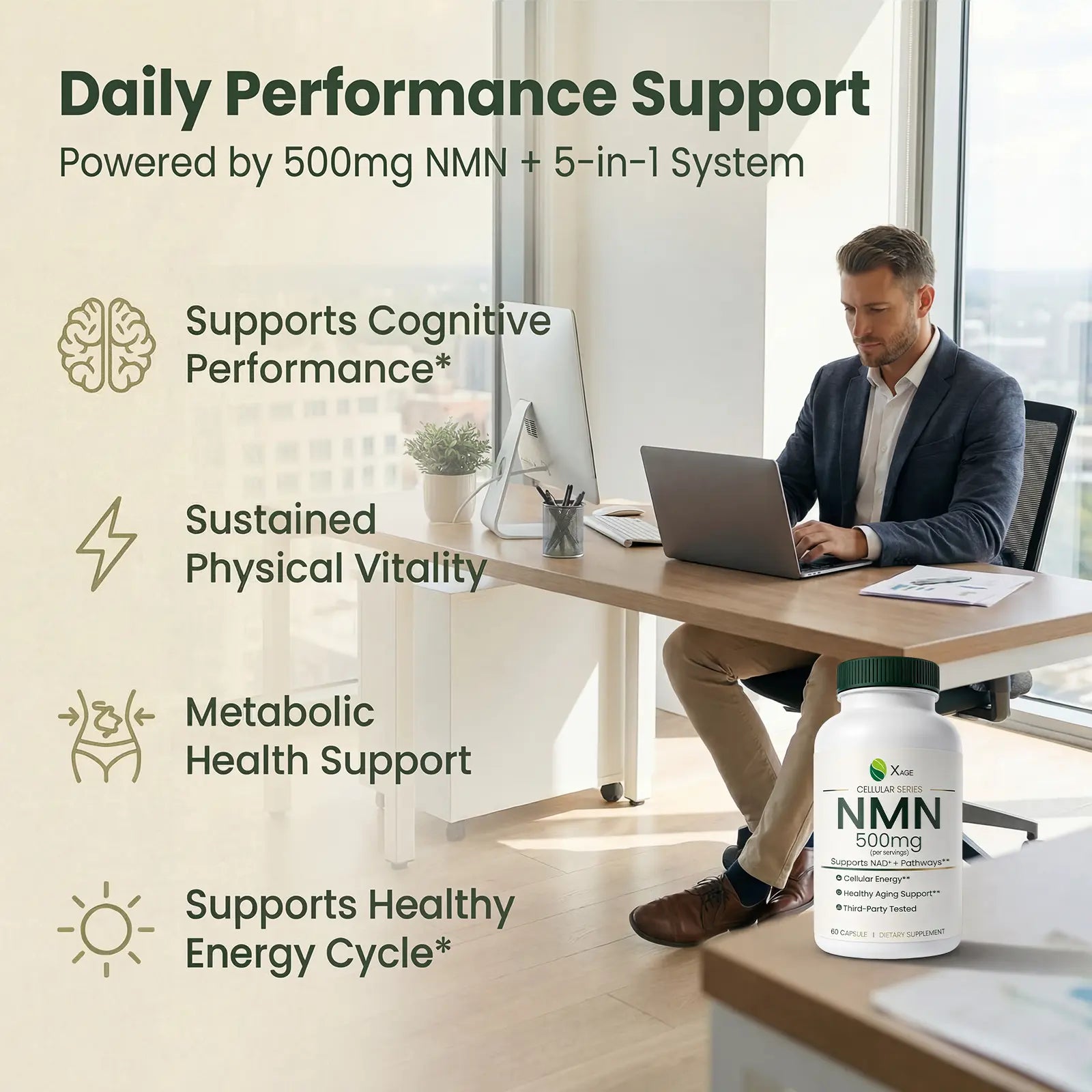 XAGE NMN 500Mg Antioxidant Capsules - Edible Dietary Supplements for Cellular Energy Support, Metabolism Boost, Body Health
