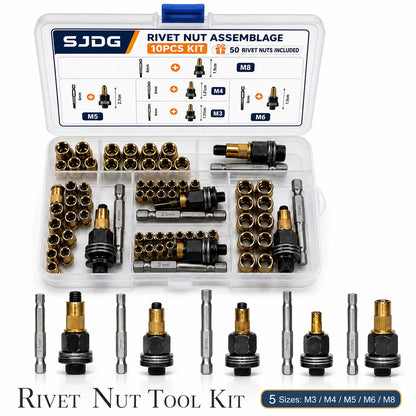 Rivet Nut Tool Kit, Rivet Nut Adapter Set with M3 M4 M5 M6 M8 Mandrel Heads & Hex Driver Bits, Nutsert Installation Kit for Drill, Metal Sheet, Automotive, Furniture & DIY Repair