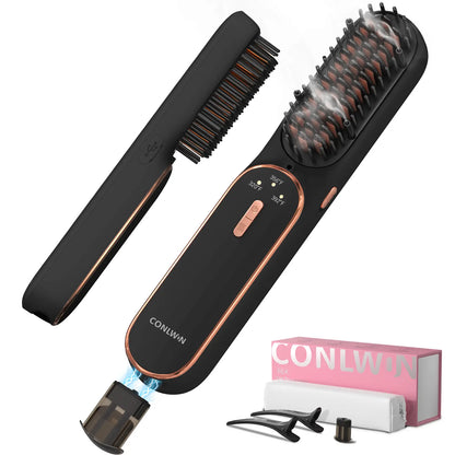 CONLWIN 2026 New Cordless Hair Straightener Brush, Portable for Travel Touch-Ups,Oil Nourished Salon Straightening Brush, Negative Ions Anti-Frizz, anti Scalding Ceramic Hot Comb with 3 Heat & Safety Lock