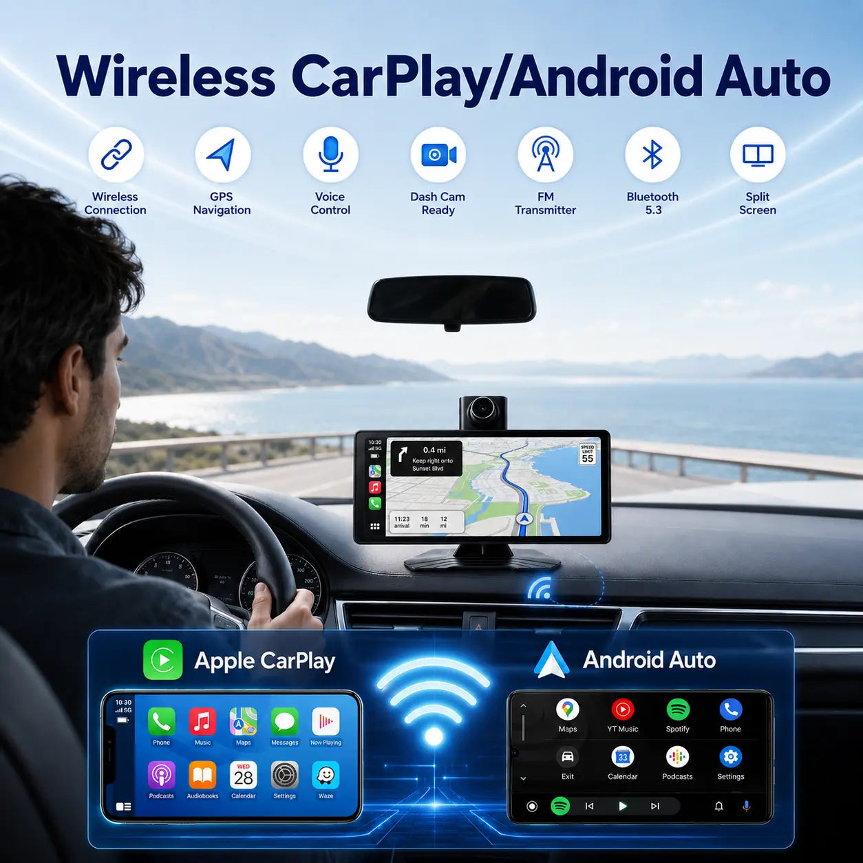 10.26 Inch Full HD Car Touch Screen, Wireless Carplay & Android Auto, Smart Voice Control, Built-In Dash Cam, Auto Pop-Up Rear View Camera, Universal for All Vehicles