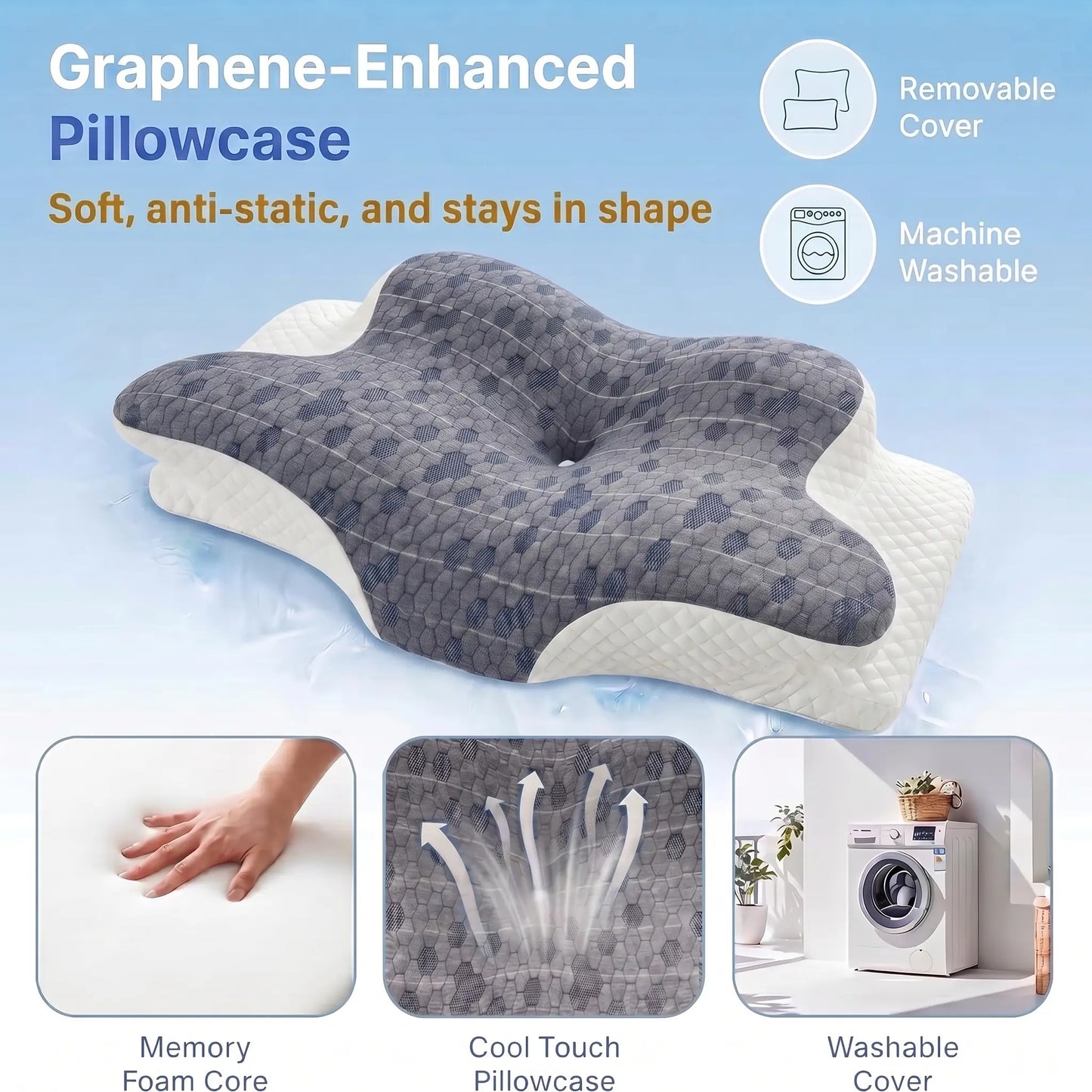 Cooling Slow-Rebound Memory Foam Cervical Neck Standard Pillow - 9-Hole Ventilation, Cotton Washable Cover, Ergonomic Adjustable Fit, Spinal Alignment, Sleeping Pain Relief for Side & Back Sleepers, Machine Washable, Breathable (Pillows for Sleeping)