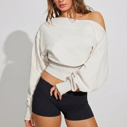 Fisoew Women'S Autumn/Winter Solid Color Casual Y2K Basic Off-Shoulder Sweatshirt — Elastic Street Style Top for Daily Wear & Back-To-School Streetwear