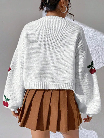 Fashionable Low Shoulder Cherry Embroidery Pattern Cardigan Commuter Sweater Women'S Loose Jacket Knitted Sweater