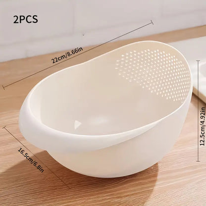 2 Pack White Rice Washing Colander with Handle Creative Plastic Strainer Multifunctional Kitchen Tool Large Capacity Streamlined Design Fast Drainage Storage for Rice Vegetables