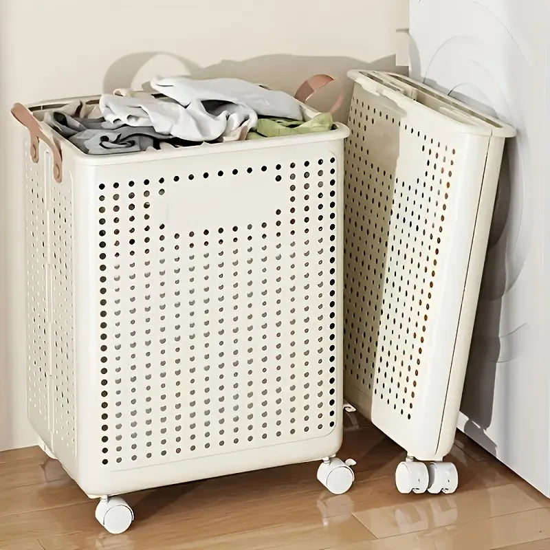Foldable Laundry Basket with Wheels, Portable Rolling Laundry Hamper with Handles, Breathable Clothes Storage Basket for Bedroom, Bathroom, Laundry Room, Balcony, Closet, Make Home Storage Easier, Laundry Baskets