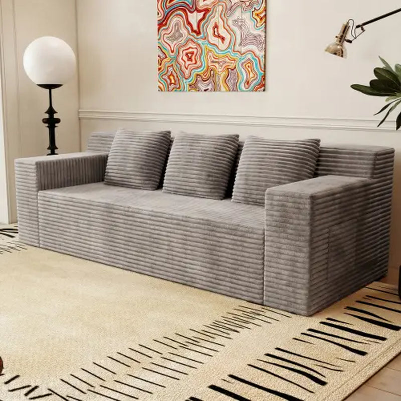 71-Inch 3-Seat Boneless Sofa, Corduroy Foam Couch with 3 Throw Pillows, Straight Arms, Side Pockets, No Assembly Required