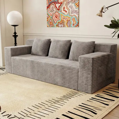71-Inch 3-Seat Boneless Sofa, Corduroy Foam Couch with 3 Throw Pillows, Straight Arms, Side Pockets, No Assembly Required