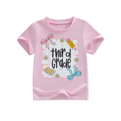 Toddler Baby Little Girl Back to School T Shirts Short Sleeve Grade Print Casual Summer Tops 4-11 Years